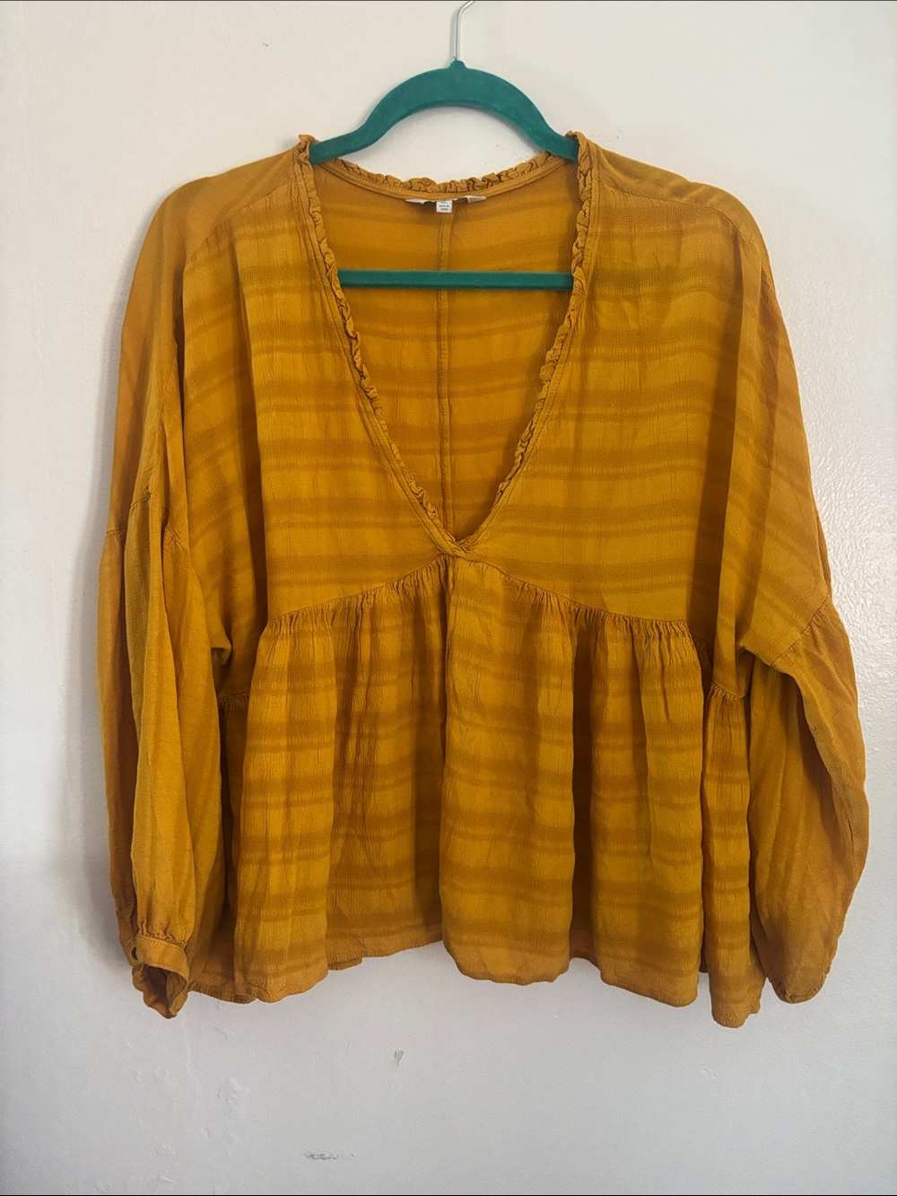 Lucky Brand XL Mustard Yellow Boho Peasant Blouse Balloon Sleeve